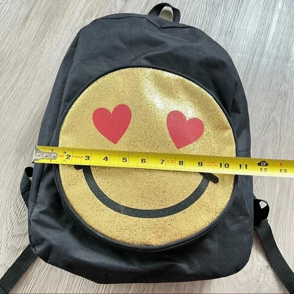 BACKPACK SMILEY  FACE BLACK GOLD LOVE IT - Picture 9 of 12